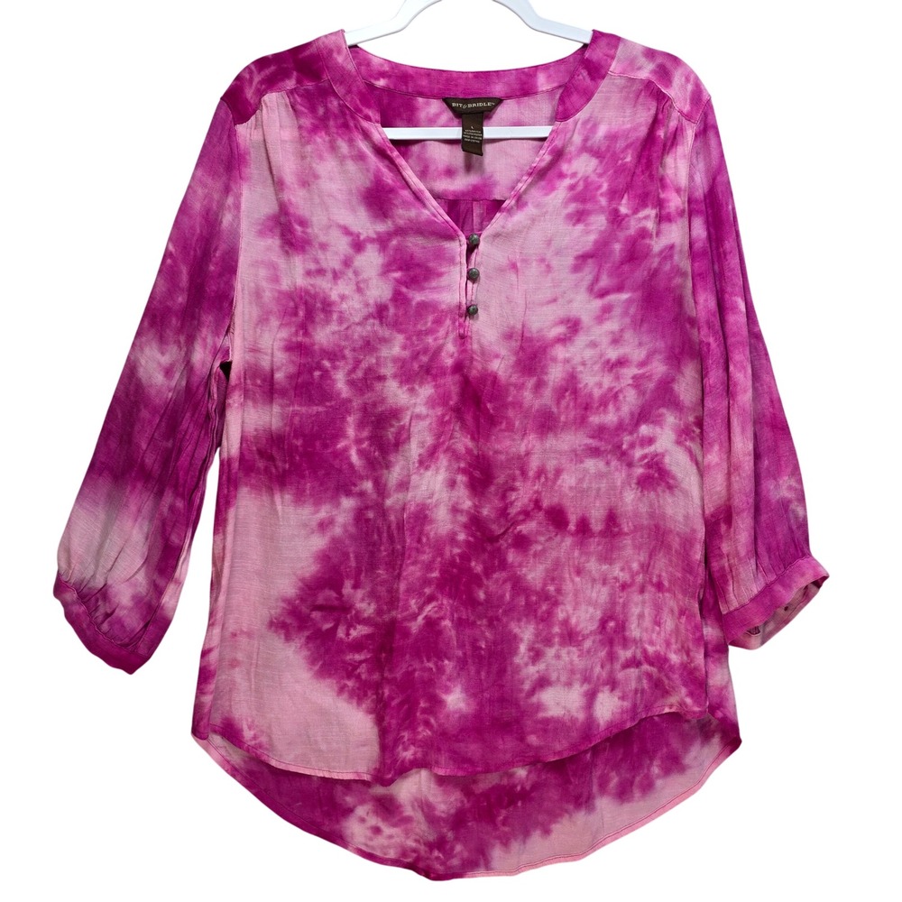 Bit and Bridle‎ Split Vneck Shirt Womens L Magenta Tie Dye Gauzy Colorful Pink